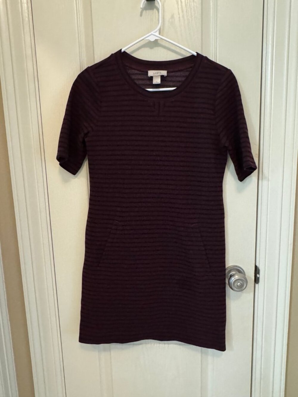 LOFT Burgundy Black Striped Ribbed Knit Shift Dress XS